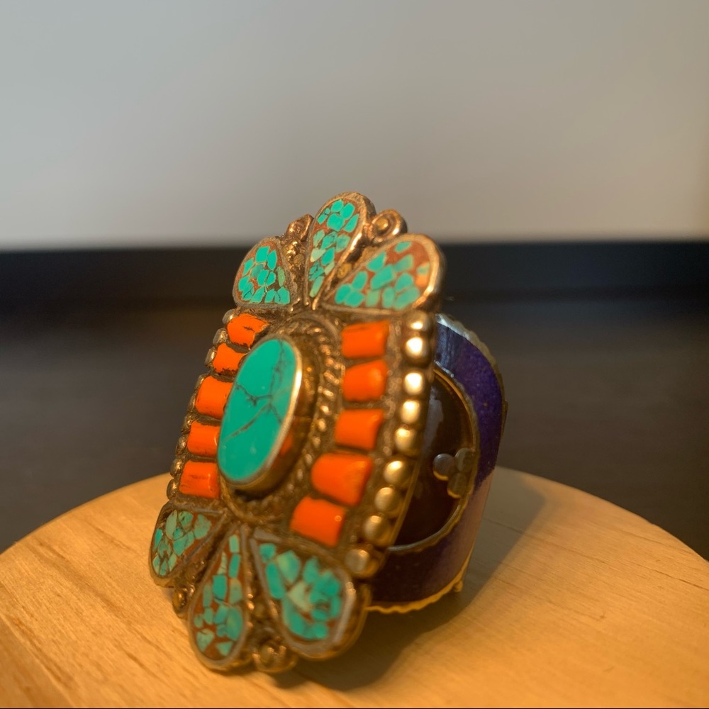 Vintage Silver Turquoise Coral Lapis Ring